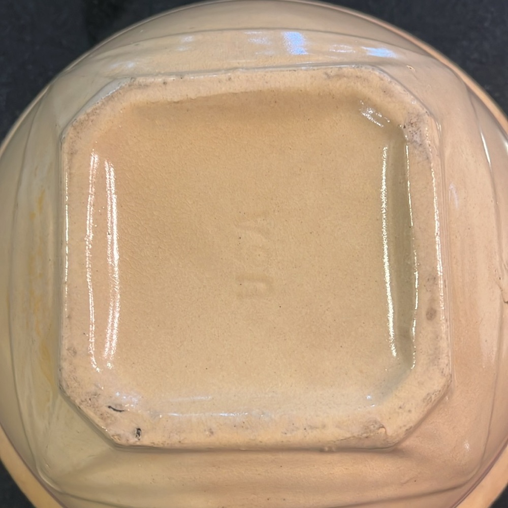 Antique (1930s) McCoy Yellow Ware Stoneware Bowl with Blue & Pink Stripes - Picture 10 of 14